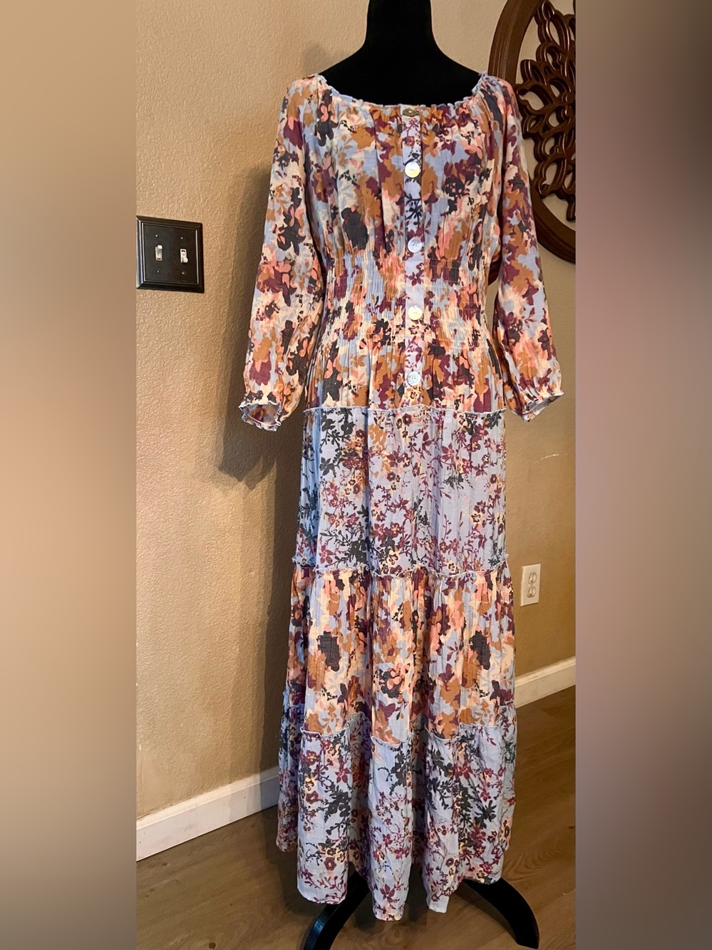 fig and flower Light Blue and Peach Floral Tiered Maxi Dress - Picture 2 of 6